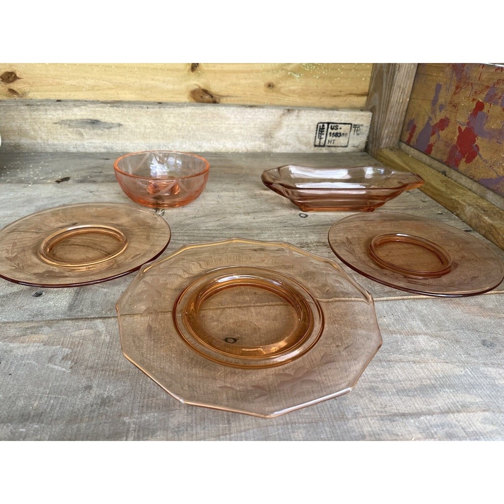 Vintage Pink Depression Glassware Floral Etching Small Plates, Butter Dish,bowl